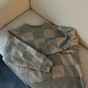 OAK + FORT Sage and Light Gray Check Crewneck Sweater